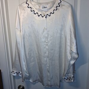 Josie White Satin Blouse with Navy Accents Large